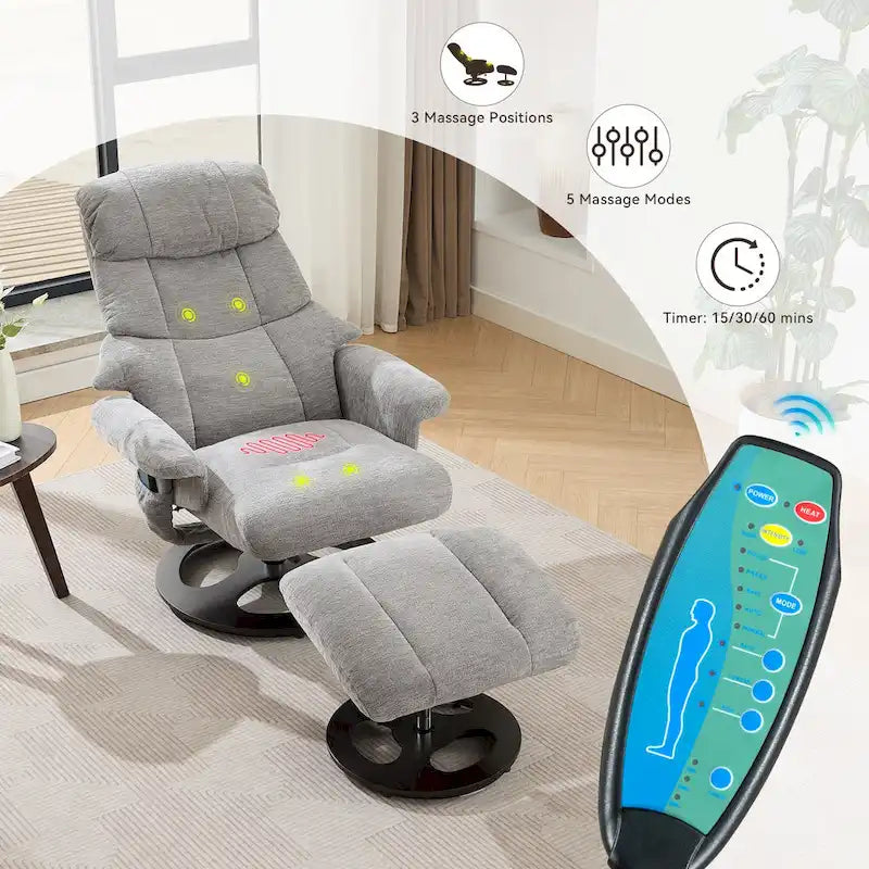 Chenille 360 Swivel Massage Recliner Chair with Ottoman, Massage and Heated Seat