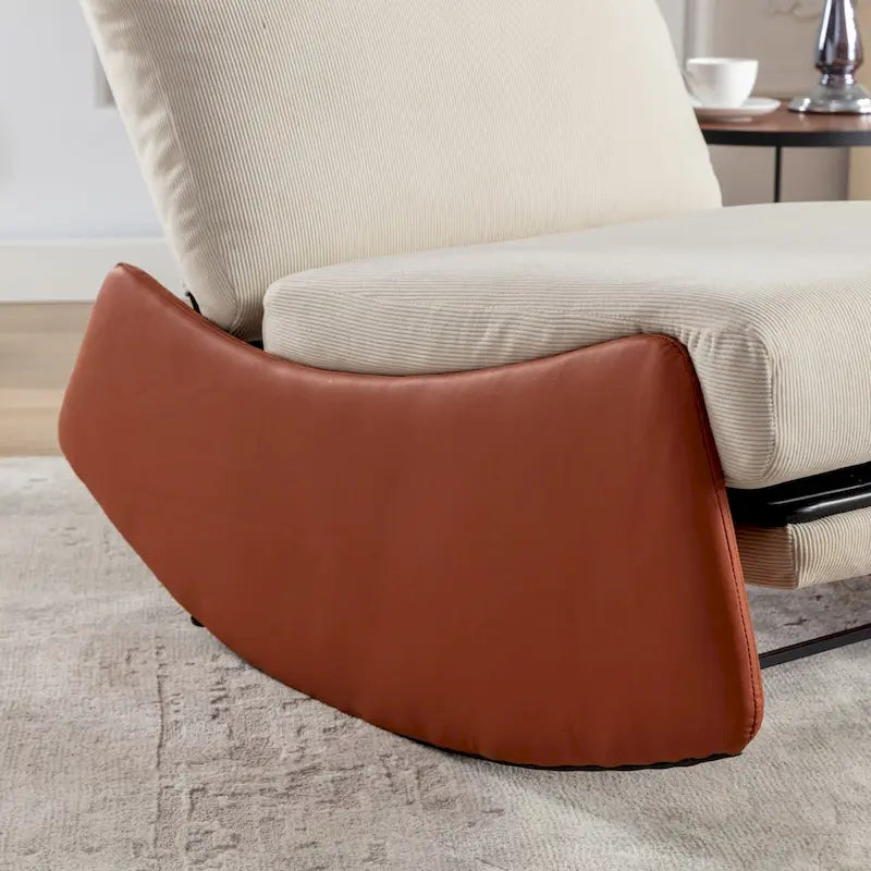 Orange+Beige Modern Corduroy Upholstered Rocker Recliner with Footrest and PU Leather Leg for Living Room, Bedroom