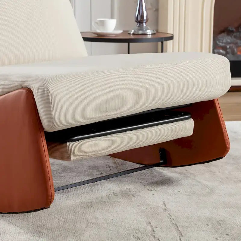 Orange+Beige Modern Corduroy Upholstered Rocker Recliner with Footrest and PU Leather Leg for Living Room, Bedroom