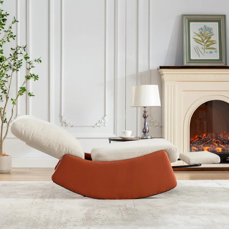 Orange+Beige Modern Corduroy Upholstered Rocker Recliner with Footrest and PU Leather Leg for Living Room, Bedroom