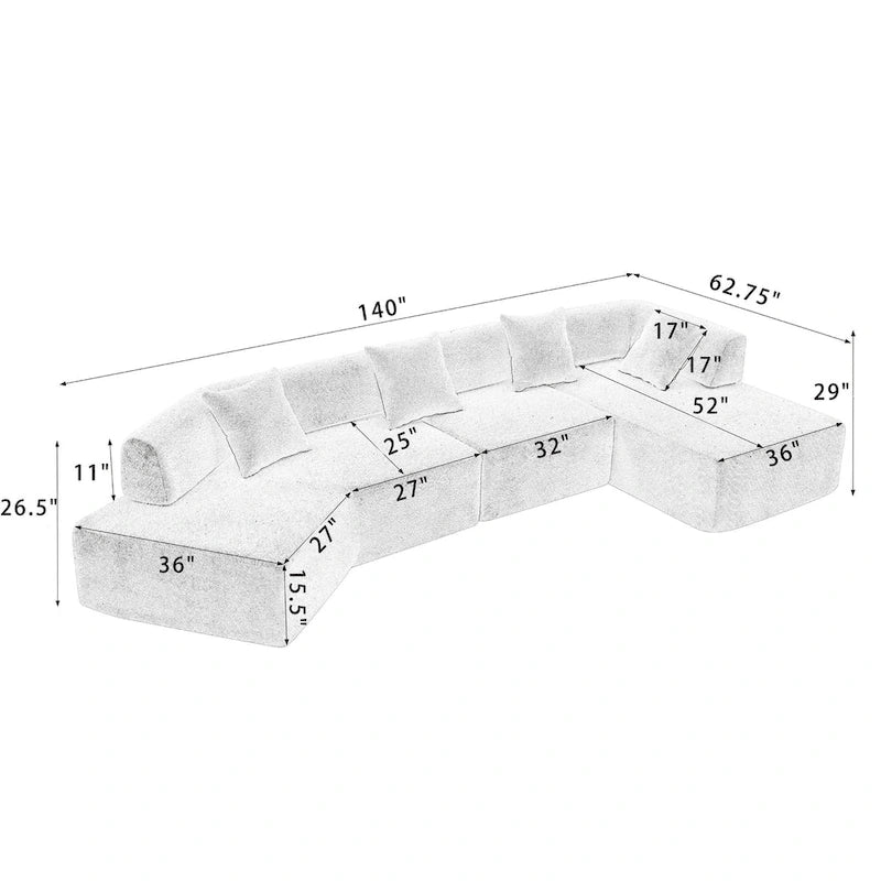 White 140 Oversized Boucle Upholstered L-Shaped Modular Sectional Sofa, 3-piece Free Combination, No Assembly Required