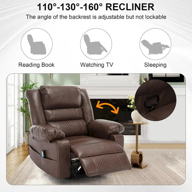 Brown Manual Leather Massage Recliner with 8-Point Vibration, Lumbar Heating, and Multi-Reclining Options