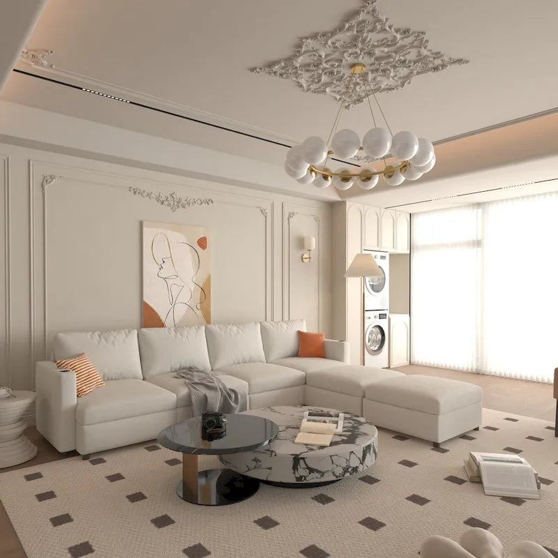 White 123 U-Shaped Modular 4 Seater Sectional Sofa with Storage Ottomans, Easy Assembly and Transport