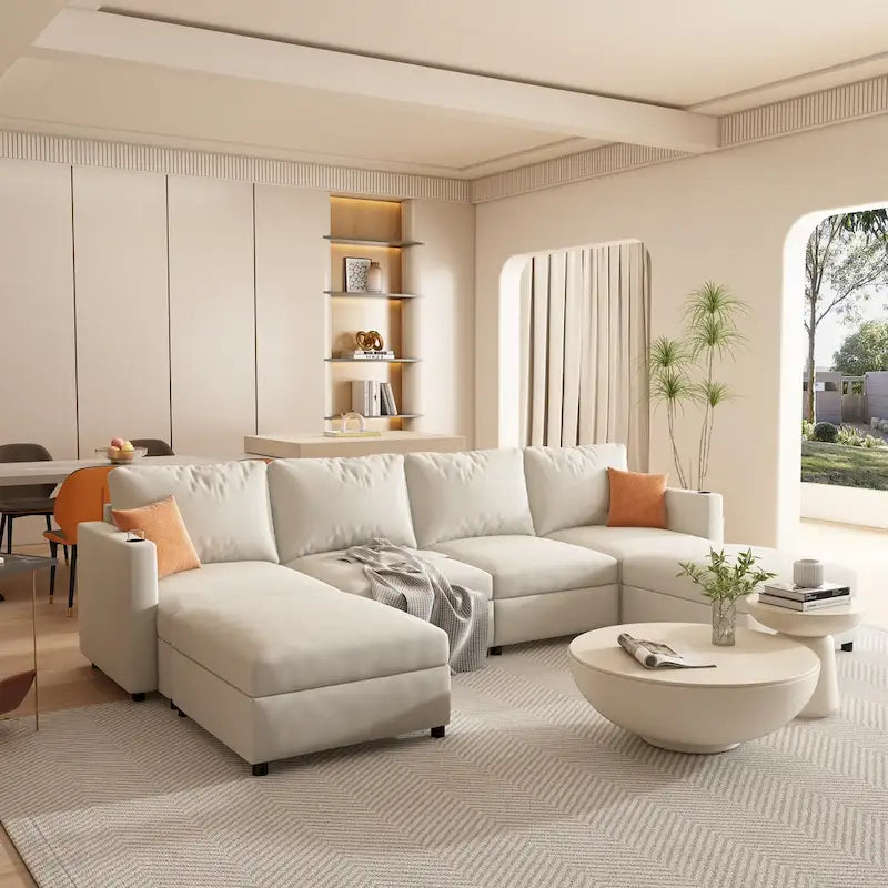 White 123 U-Shaped Modular 4 Seater Sectional Sofa with Storage Ottomans, Easy Assembly and Transport