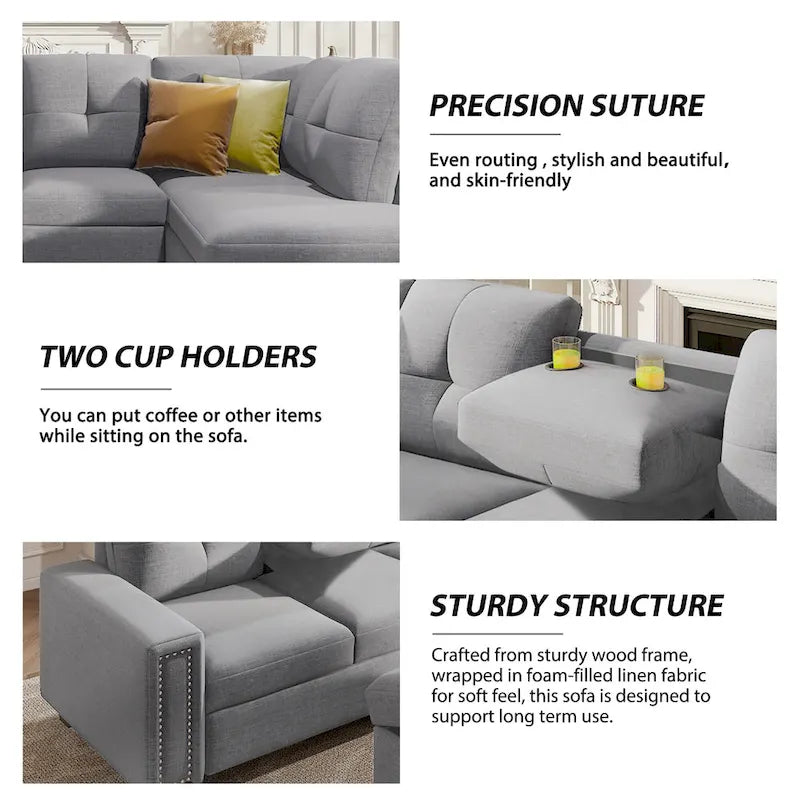 105.2 Reversible L-Shaped 6-Seater Sectional Sofa with Storage Ottoman and Cup Holders, Space-Saving Linen Design