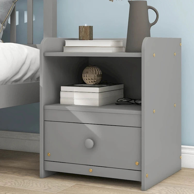 Grey Full Size Platform Pine Wooden Bed with Headboard & Footboard