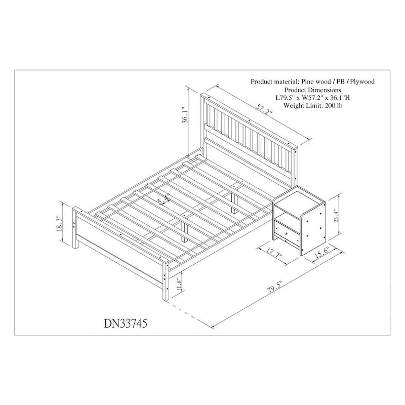 Grey Full Size Platform Pine Wooden Bed with Headboard & Footboard