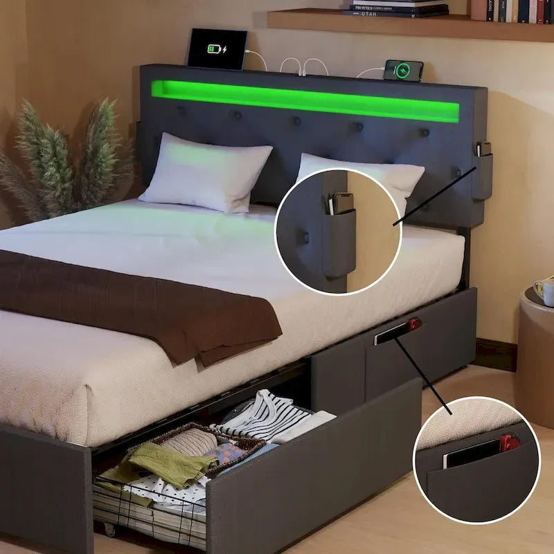 Dark Gray Queen Size Platform Bed with 4 Storage Drawers, USB & LED Lights