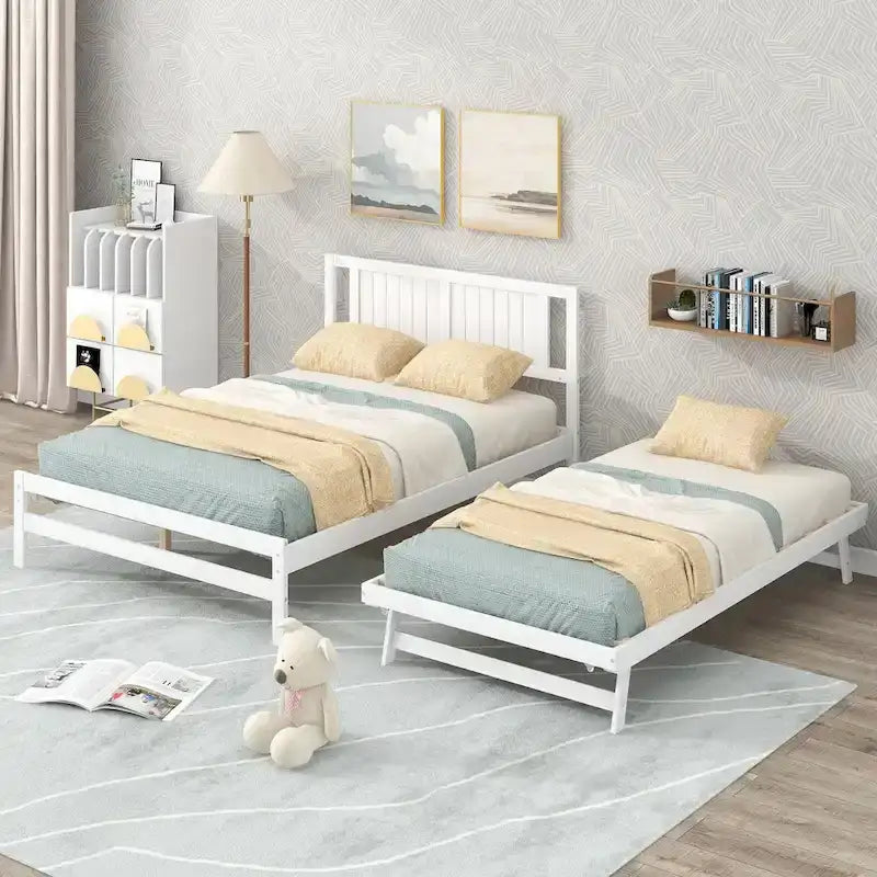 Modern Full Size Pine Wood Platform Bed with Adjustable Trundle