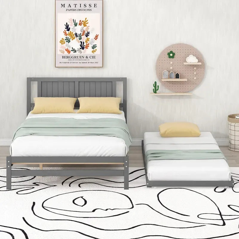 Modern Full Size Pine Wood Platform Bed with Adjustable Trundle