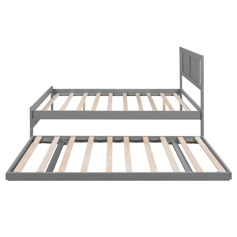Modern Full Size Pine Wood Platform Bed with Adjustable Trundle