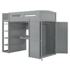 Gray Twin Size Solid Wood Loft Bed with Desk, Wardrobes, and Shelves