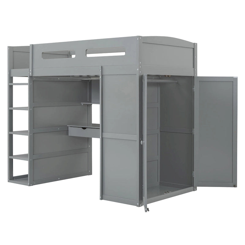 Gray Twin Size Solid Wood Loft Bed with Desk, Wardrobes, and Shelves