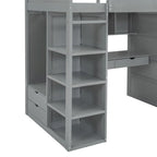 Gray Twin Size Solid Wood Loft Bed with Desk, Wardrobes, and Shelves