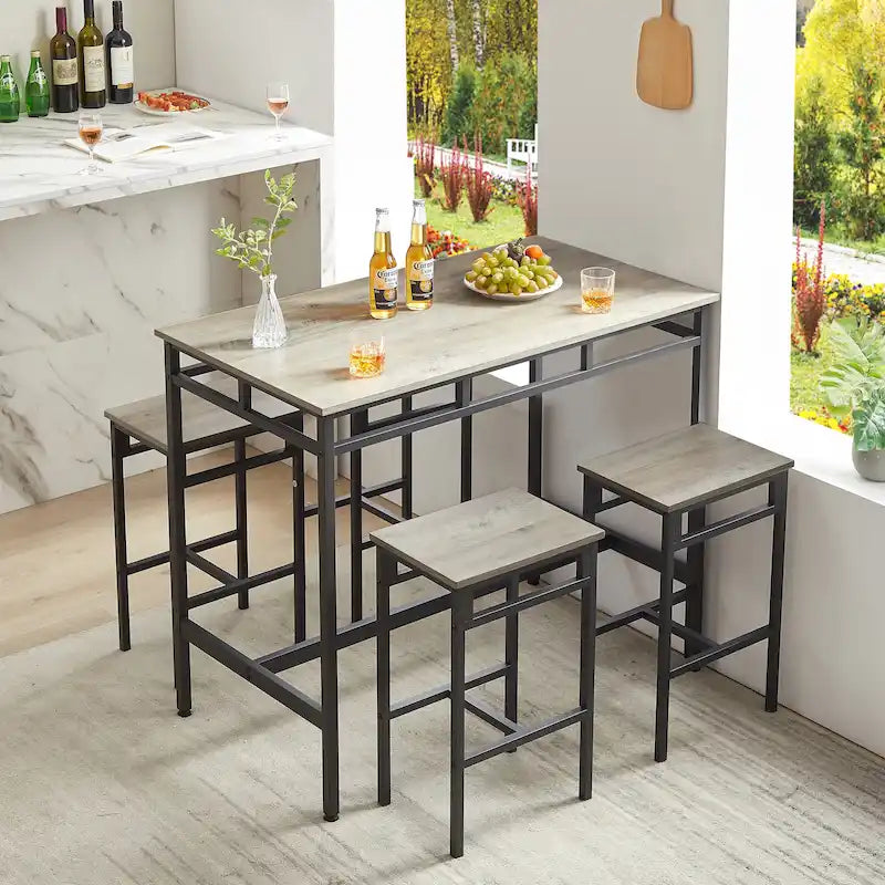 Rustic Style 5-Piece Dining Set with Rectangular Table and 4 High Stools Dining Chairs