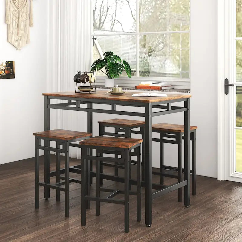 Rustic Style 5-Piece Dining Set with Rectangular Table and 4 High Stools Dining Chairs