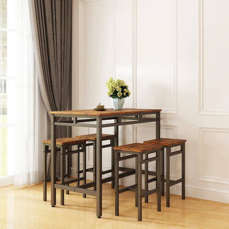 Rustic Style 5-Piece Dining Set with Rectangular Table and 4 High Stools Dining Chairs