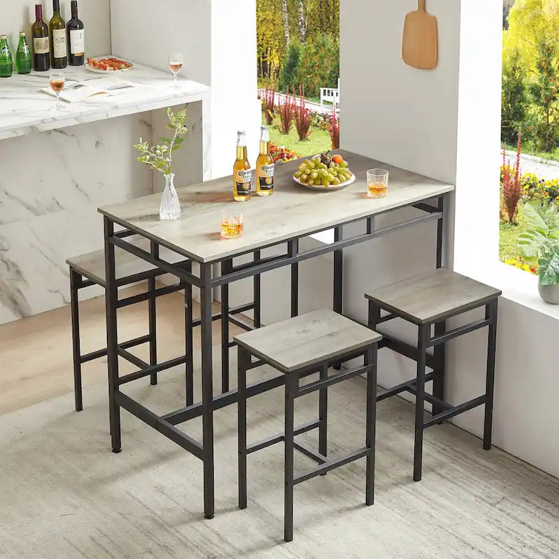 Rustic Style 5-Piece Dining Set with Rectangular Table and 4 High Stools Dining Chairs