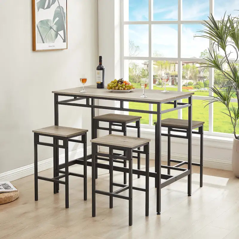 Rustic Style 5-Piece Dining Set with Rectangular Table and 4 High Stools Dining Chairs