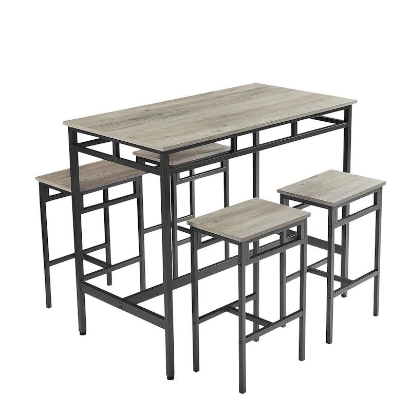 Rustic Style 5-Piece Dining Set with Rectangular Table and 4 High Stools Dining Chairs