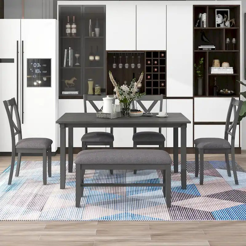 Gray Traditional 6-Piece Wooden Dining Table Set with 4 Upholstered Chairs and Bench