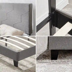 Grey Queen Upholstered Platform Bed with Wood Slat Support
