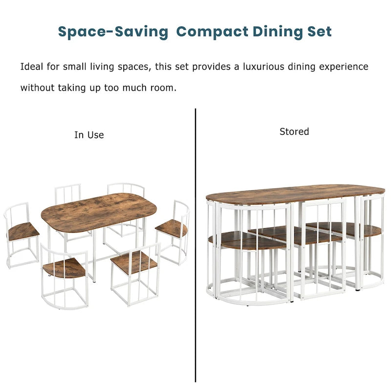Modern 7-Piece Metal Frame Dining Table Set with Half-Round Table & 6 Chairs