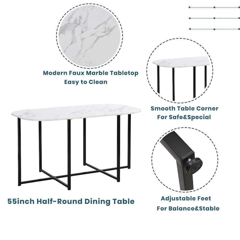 Modern 7-Piece Metal Frame Dining Table Set with Half-Round Table & 6 Chairs