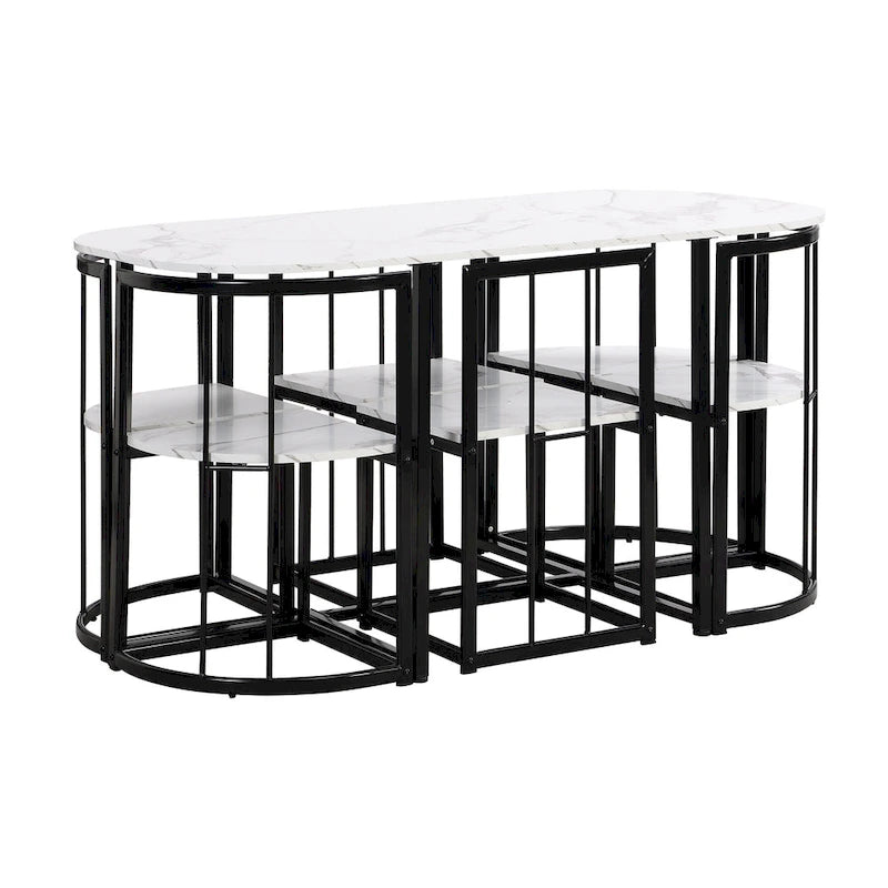 Modern 7-Piece Metal Frame Dining Table Set with Half-Round Table & 6 Chairs