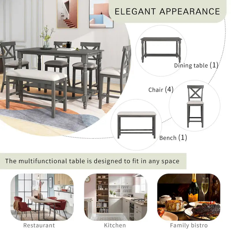 Vintage 6-Piece Counter Height Wooden Dining Table Set with 4 Chairs
