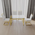 Modern Style 5-Piece Dining Set with Rectangular Tempered Glass Table and High Back Golden Plating Legs Dining Armless Chairs