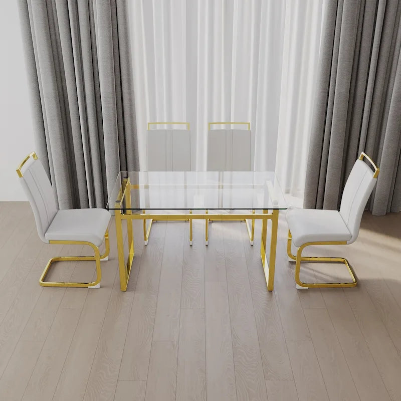Modern Style 5-Piece Dining Set with Rectangular Tempered Glass Table and High Back Golden Plating Legs Dining Armless Chairs