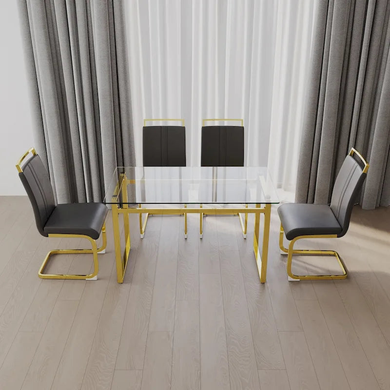 Modern Style 5-Piece Dining Set with Rectangular Tempered Glass Table and High Back Golden Plating Legs Dining Armless Chairs