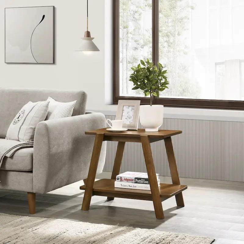 Mid-Century Modern Storage 3-Piece Coffee Table Set with Shelf and Cylinder-shaped Rubberwood Legs
