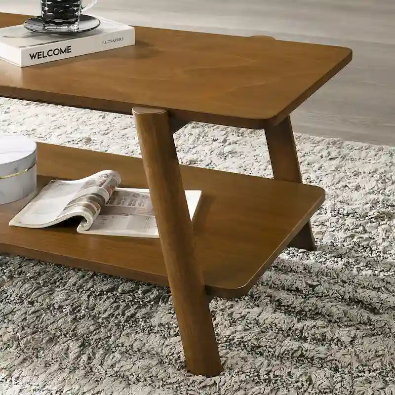 Mid-Century Modern Storage 3-Piece Coffee Table Set with Shelf and Cylinder-shaped Rubberwood Legs