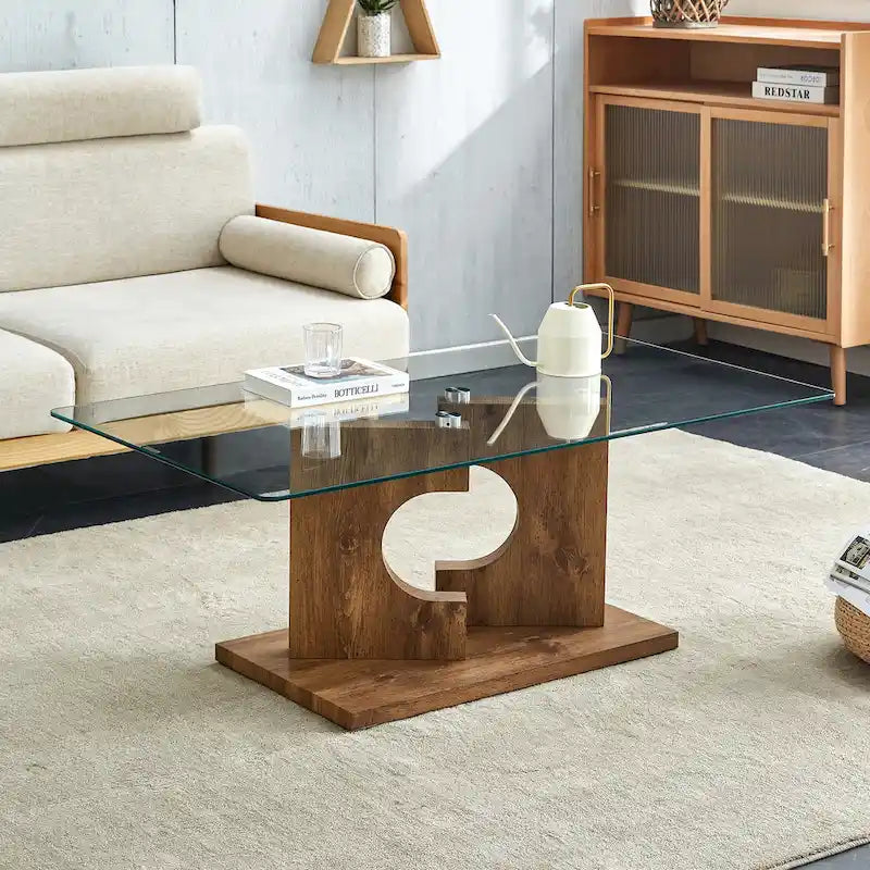 47.2 Modern Rectangular Coffee Table with Tempered Glass Tabletop and MDF Legs