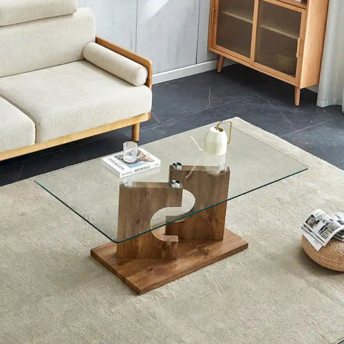 47.2 Modern Rectangular Coffee Table with Tempered Glass Tabletop and MDF Legs