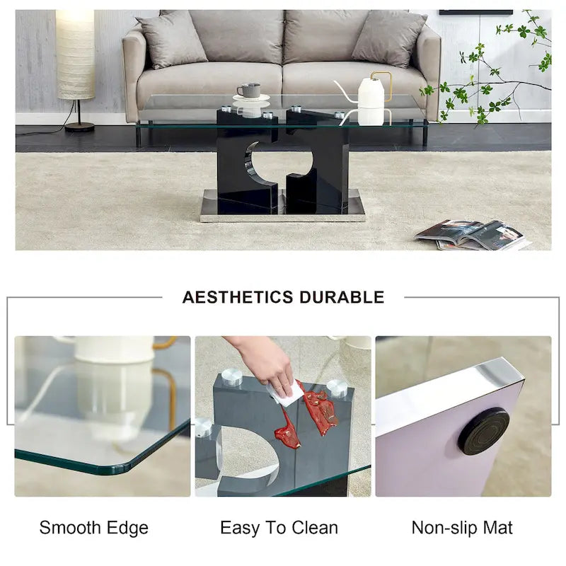 47.2 Modern Rectangular Coffee Table with Tempered Glass Tabletop and MDF Legs