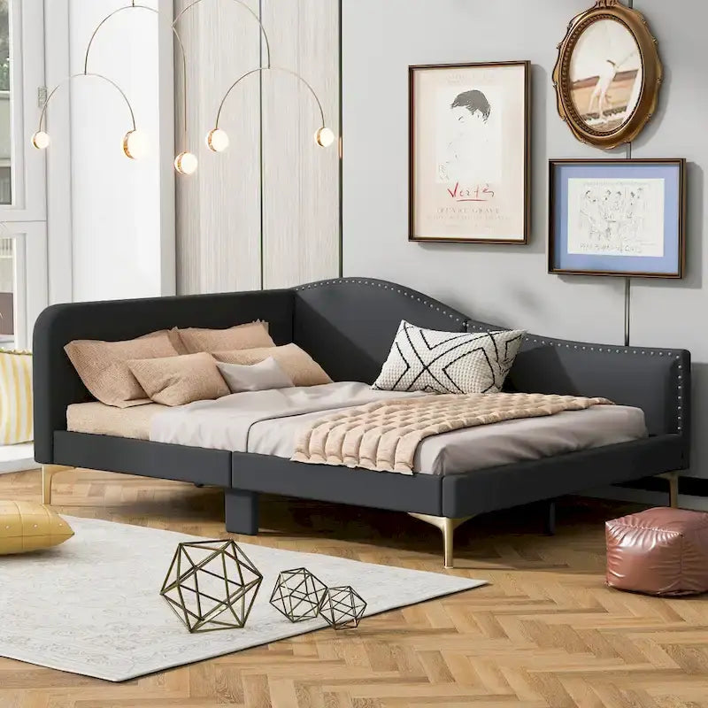 Grey Full Size Upholstered Daybed with Armrest