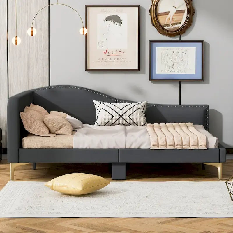 Grey Full Size Upholstered Daybed with Armrest