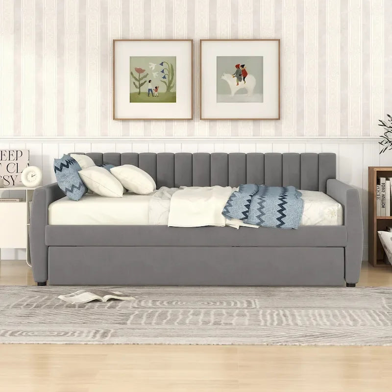 Full Velvet Daybed with Trundle & Wood Slats