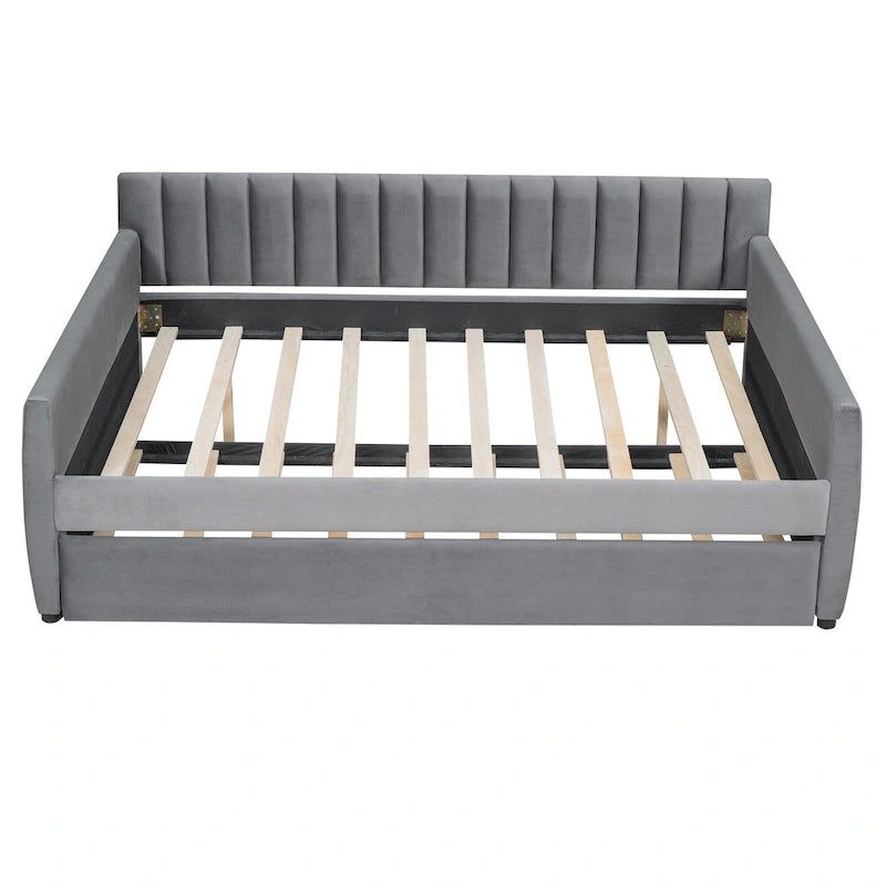 Full Velvet Daybed with Trundle & Wood Slats