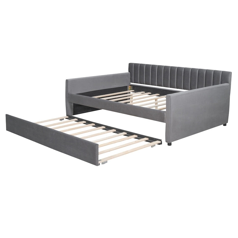 Full Velvet Daybed with Trundle & Wood Slats