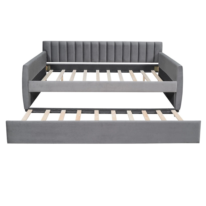 Full Velvet Daybed with Trundle & Wood Slats