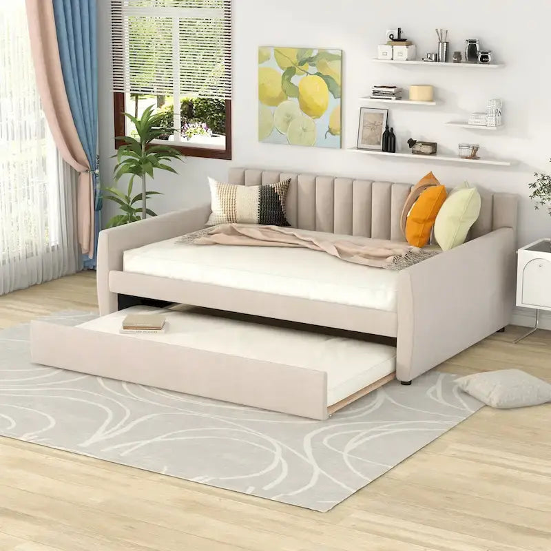 Full Velvet Daybed with Trundle & Wood Slats