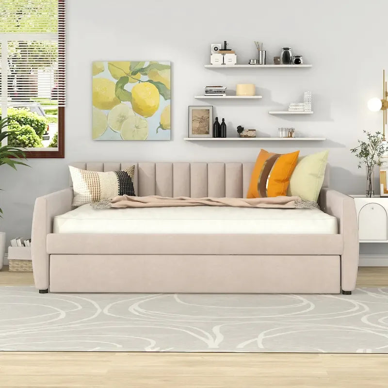 Full Velvet Daybed with Trundle & Wood Slats