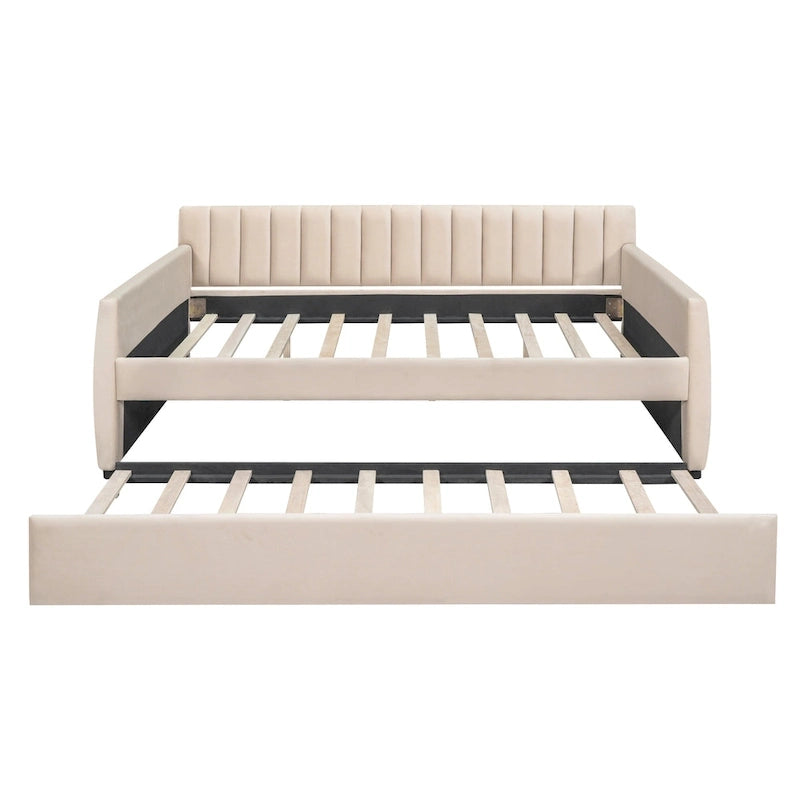 Full Velvet Daybed with Trundle & Wood Slats