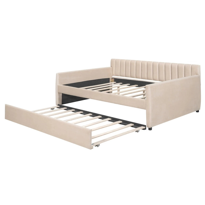 Full Velvet Daybed with Trundle & Wood Slats