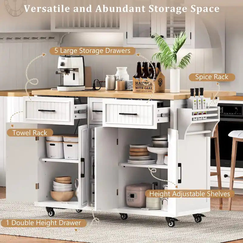 56.5 Kitchen Island with Drop Leaf and Charging Station, Rolling Kitchen Cart on Wheels with Drawers and Adjustable Shelves