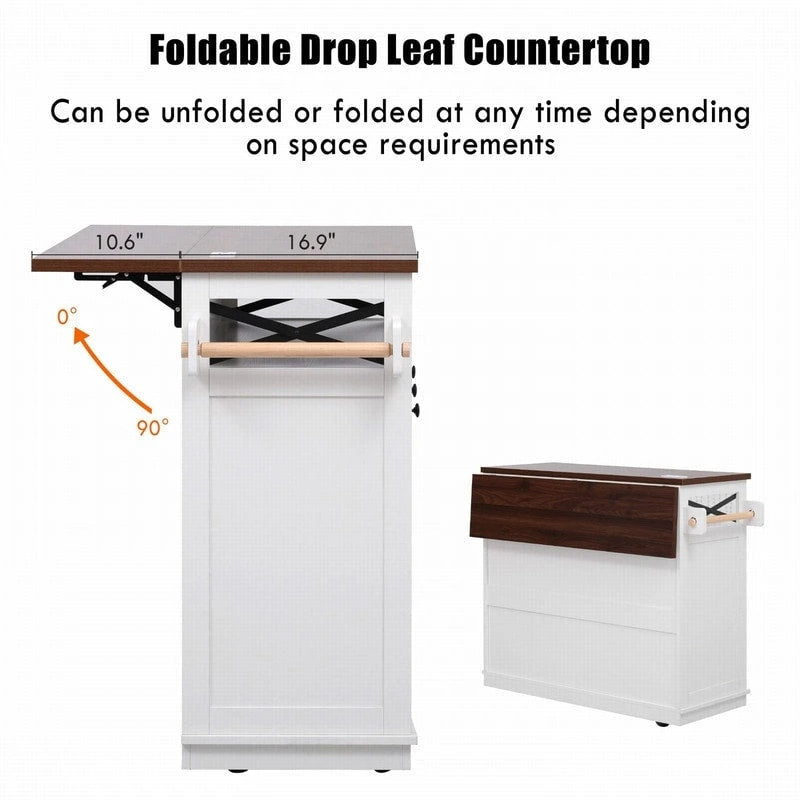 Farmhouse 46.5 Kitchen Island with Power Outlet, Rolling Kitchen Cart on Wheels with Drop Leaf